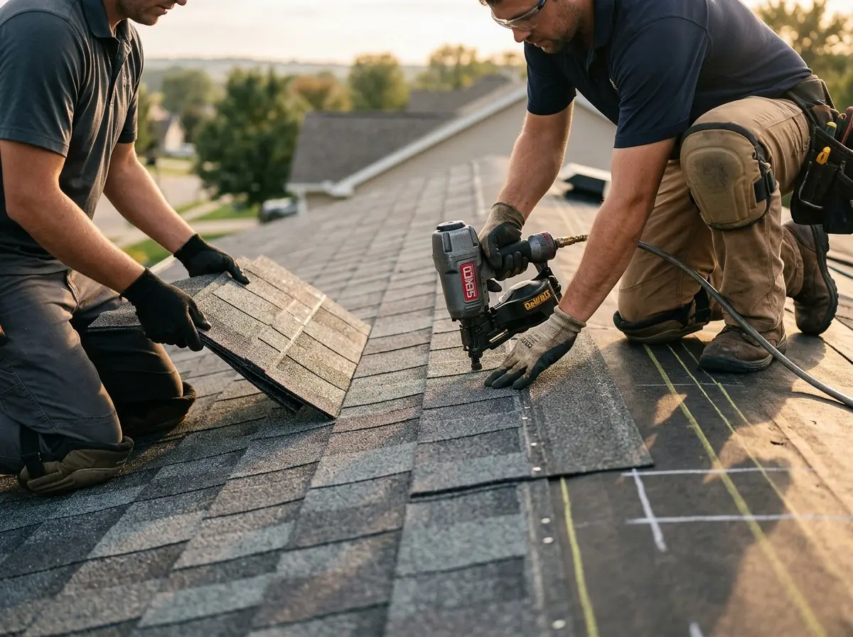 Professional roofer working on a residential roof in Owasso